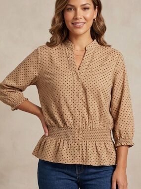 Cole Smocked Peplum Polka Dot Blouse in Tan